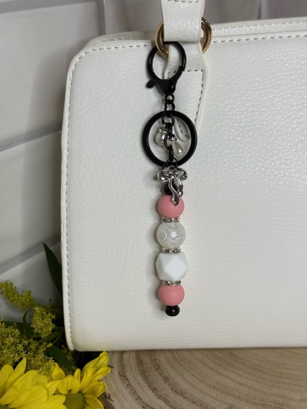 Silicone Beaded Handbag Charm/Keychain with Pink & White Beads